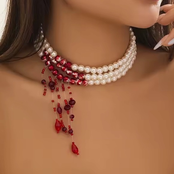 Anthropologie Jewelry - Pearl Scarlet Red Blood Crystal Choker – Queen’s Statement Necklace